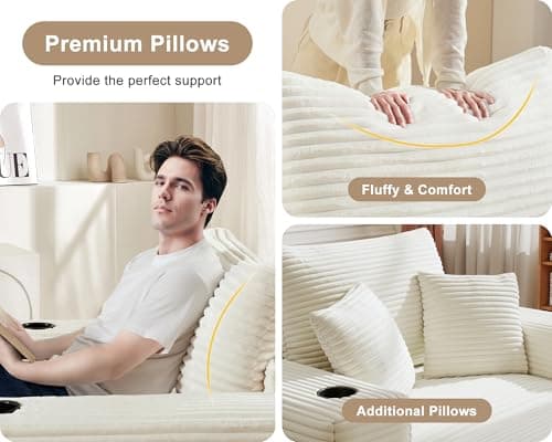 Busaurus 62" Oversized Chaise Lounge Chair Indoor, Fluffy Corduroy Upholstered Boneless Couch, Convertible Sleeper Sofa Bed & Reading Chair, Cloud Sofa Couches for Living Room, No Assembly, Beige 7