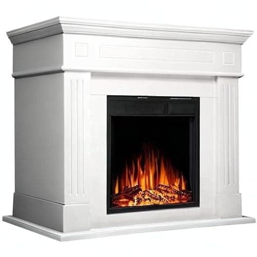 R.W.FLAME 43” Electric Fireplace Mantel Wooden Surround Firebox, TV Stand with Freestanding Electric Fireplace, Remote Control, Adjustable Led Flame, 750W/1500W Pearl White 10