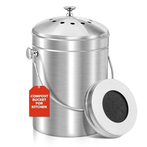 ENLOY Compost Bucket for Kitchen Countertop, 1.3 Gallon Stainless Steel Compost Bin Indoor with Lid, Odorless Food Waste Bucket with Charcoal Filter, Compost Pail for Kitchen with Carrying Handle