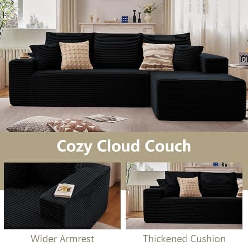 107" Modular Sectional Couches for Living Room, Comfy Boneless L Shaped Cloud Couch with Chaise Lounge, Modern Cozy Corduroy Deep Seat Floor Sofa, Memory Foam, No Assembly Required, Black 7