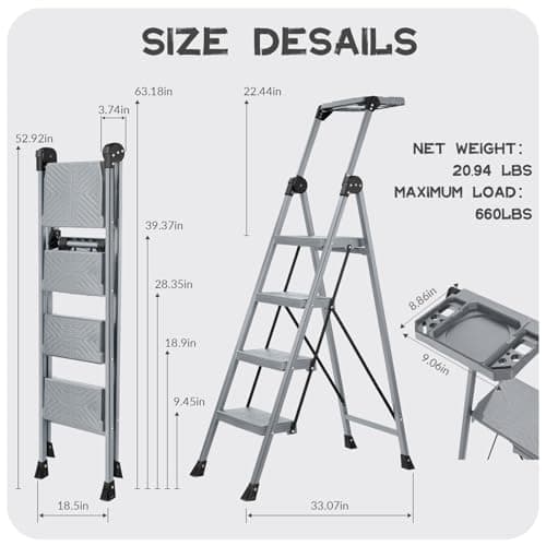 XinSunho 4 Step Ladder, Foldable Step Stool Ladder with Handrails & Tray, 660 lbs Heavy Duty Wide Pedals, Sturdy Steel Folding Ladder for Kitchen, Home, and Household Use(Silver, 4 Step) 7