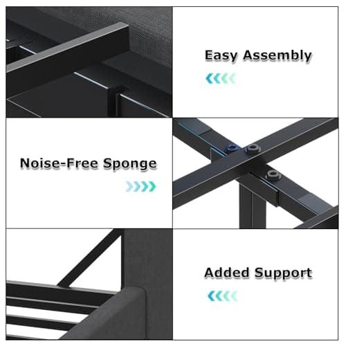 busyaeh King Size Bed Frame with Marshmallow Headboard and Storage, King Bed Frame with LED Lights & Charging Station, Upholstered Platform Bed with Metal Support, No Noise, No Box Spring Needed,Gray 7