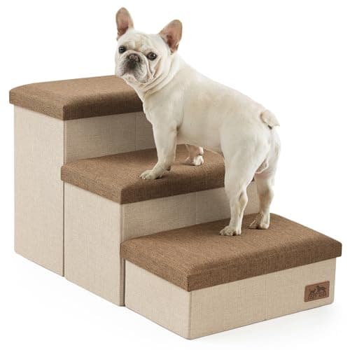 Dog Stairs with Storage, 3-Step Wider Sturdy Dog Steps for Small/Medium/Large Dogs and Older Cats, Folding Doggie Ramp for Bed/Couch/Car Hold Up to 180 lbs (16.7" H, Brown)