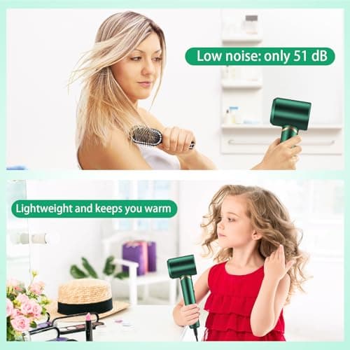 Hair Dryer Negative Ionic Blow Dryer for Fast Drying,Low Noise,Thermo Control Hair Dryer 2 Speed ​​and 3 Heat Settings,Cold Air Button with 1 Diffuser 110000 RPM High Speed Brushless Motor (Green) 7