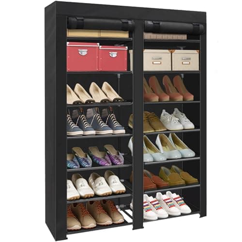 ERONE Shoe Rack Storage Organize, 28 Pairs Portable Double Row with Nonwoven Fabric Cover Shoe Shelf Cabinet for Closet