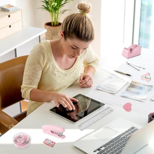 Office Desk Accessories, Pink Office Supplies Set Desk Accessories for Women, Cute Office Supplies with Stapler, Mini Stapler, Staple Remover, Tape, Clips, Scissor and Tabs, Stationary Set for Student 6