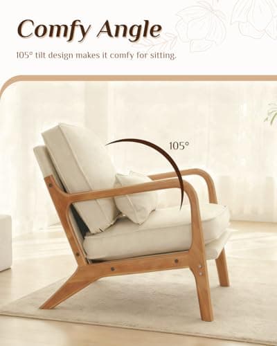 Karl home Accent Chair Mid-Century Modern Chair with Pillow Linen Fabric Upholstered Lounge Arm Chair with Solid Wood Frame & Soft Cushion for Living Room, Bedroom, Balcony, Beige 5