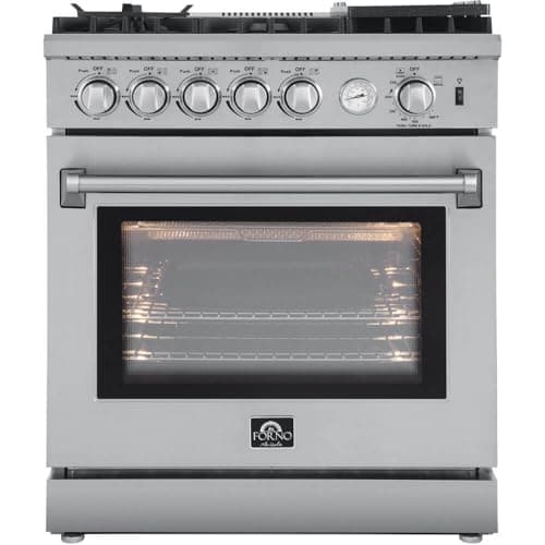 FORNO Lazio Full Gas 30" Inch. Freestanding Range with 5 Italian Sealed Burners Cooktop - 4.32 Cu.Ft. Stainless Steel Convection Oven Includes Cast Iron Accessories