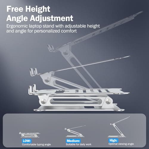 UFVCOV Aluminum Adjustable Laptop Stand, No Wobble Laptop Riser, Foldable Computer Notebook Stand Holder for 10-17" Laptops, Lightweight & Sturdy, Silver/B 5