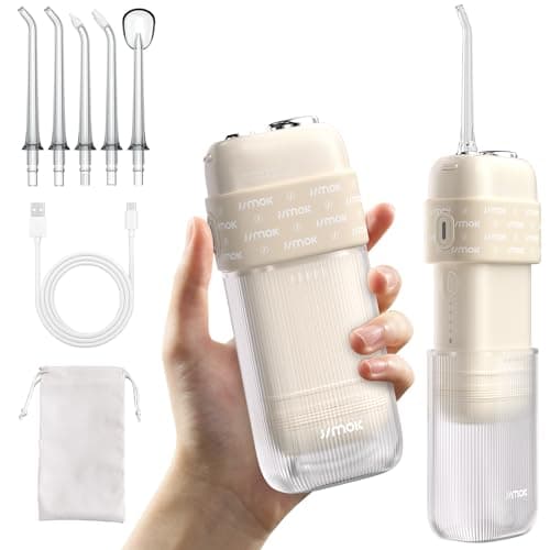 JIMOK Portable Home & Travel Water Flosser, Mini Cordless with Telescopic Tank, 4 Modes & IPX8 Waterproof Oral Irrigator for Teeth & Braces Care (White)
