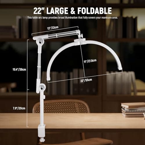 NEEWER Basics 22" Half Moon Lash Light with Articulating Desk Clamp Mount Stand/Phone Holder, 32W Foldable LED Nail Tech Table Arc Lamp for Makeup Beauty Tattoo Overhead Video Recording, HM03-D 5