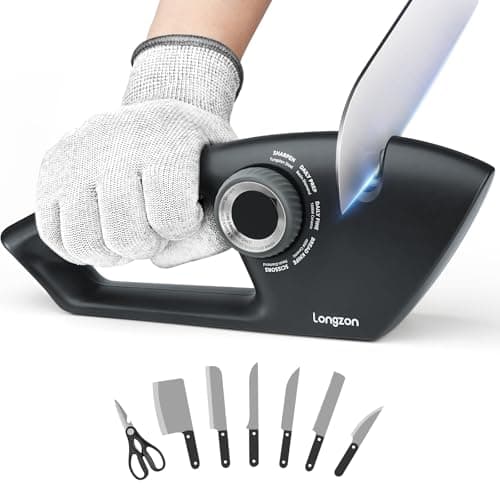 Longzon 6-in-1 Knife Sharpener 5 Stage for Serrated Knives, Scissors with Cut-Resistant Glove,Original Premium Polish Blades,Best Kitchen Knife Sharpener Repair & Restore Pocket Knife, Chefs knife