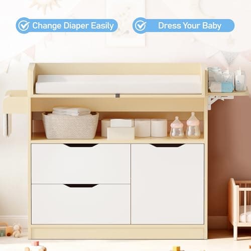 DEYGIA Baby Changing Table Dresser with 3 Drawers and 1 Storage Shelves, Can be Used as a Baby Dresser with Pad, a Changing Table with Drawers (Light Wooden and White) 6
