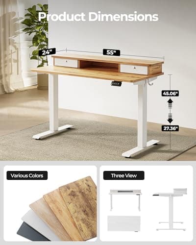 FEZIBO 55 x 24 Inch Height Adjustable Electric Standing Desk with Double Drawer, Stand Up Desk with Storage Shelf, Light Rustic 8