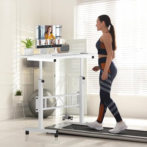 Klvied Small Standing Desk Adjustable Height, Mobile Table with Wheels, Portable Laptop Table, Standing Computer Desk for Walking Pad (White) 2