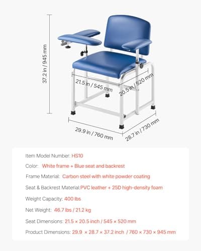 VEVOR Phlebotomy Chair, Blood Draw Chair with Adjustable Armrests and Flip Arm, 400LBS Loading Blood Drawing Medical Chair with Soft Padded Seat, Easy-to-Clean PVC Leather for Hospitals, Labs, Clinics 7