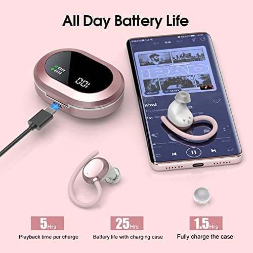 Ear Buds Wireless Earbuds, HiFi Stereo Bluetooth 5.3 Running Headphones with Dual LED Display 30Hrs Playtime, Built-in Mic, Type-C, in-Ear Bluetooth Earphones with Earhooks for Sport, Rose Gold 5