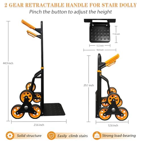 Stair Climbing Cart and Dolly,Heavy Duty Hand Truck 440 Lbs Capacity with Telescoping Handle and 6 Rubber Wheels for Shopping,Moving,Family,Office Use(Yellow) 5