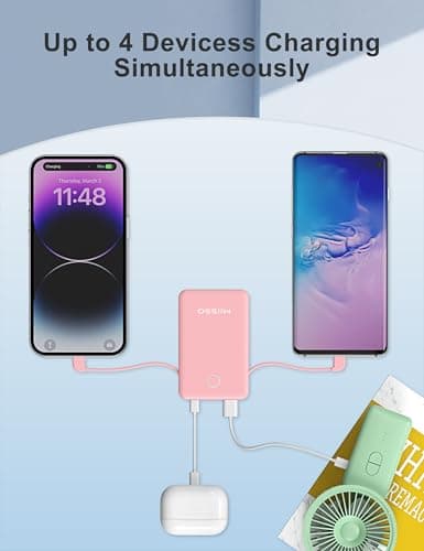 miisso 6000mah Ultra Slim Built in Cables Power Bank, Card Size Built in USB C Cords Battery Pack Portable Charger for Phones, 3 Output External Battery Pack Compatible with iPhone, Pink 5
