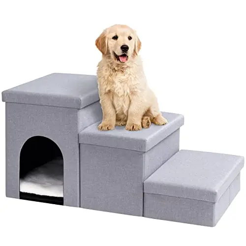 HOOBRO Dog Stairs with Storage, Foldable Dog Steps for High Bed Or Couch, 29.2" L x 15.8" W x 15" H, Pet Stairs with Pet House, for Small Dogs, Hold up to 150 lbs, 3 Steps, Gray GY03PT03