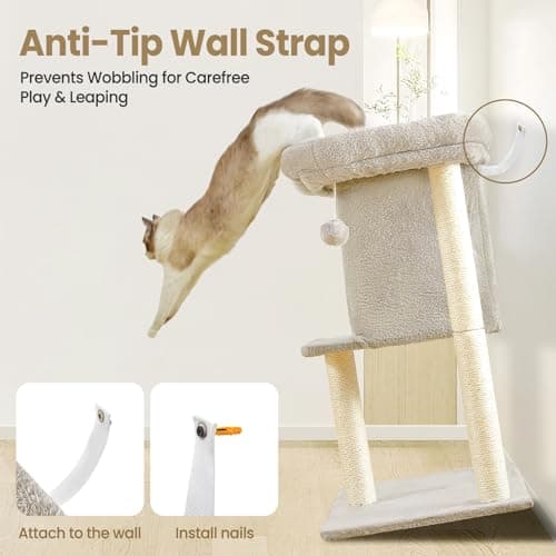 Cat Tree Tower Scratching Post for Indoor Large Cats, Small Cat Tree with Big Perch Bed, 28in Tall Trees House with Condo Cave, Toy Balls, Modern Climbing Furniture Platform for Kitten (Light Gray) 5
