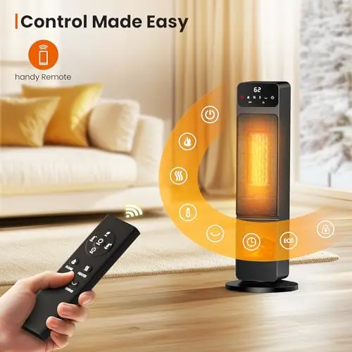 Tower Heaters for Indoor Use, 750W / 1500W Electric Fireplace Heater W / 3D Flame, Heater and Fan Combo 90° Oscillation, Child Lock & Eco Mode, 12h Timer, Remote Control, Home & Office 6