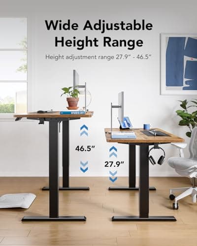 HUANUO 55" x 28" Electric Standing Desk Adjustable Height, 4 Memory Height Settings, Headphone Hook, Cable Manager, Sit Stand Up Desk for Home Office & Computer Workstation, Vintage Brown 6