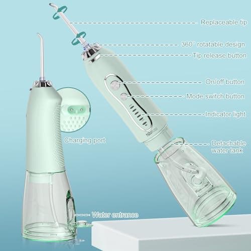 H2ofloss Water Dental Flosser Teeth Pick: Portable Cordless Oral Irrigator with 5 Modes, 300ML Rechargeable Travel Irrigation Cleaner IPX7 Waterproof Electric Flossing Machine for Teeth Cleaning Green 7
