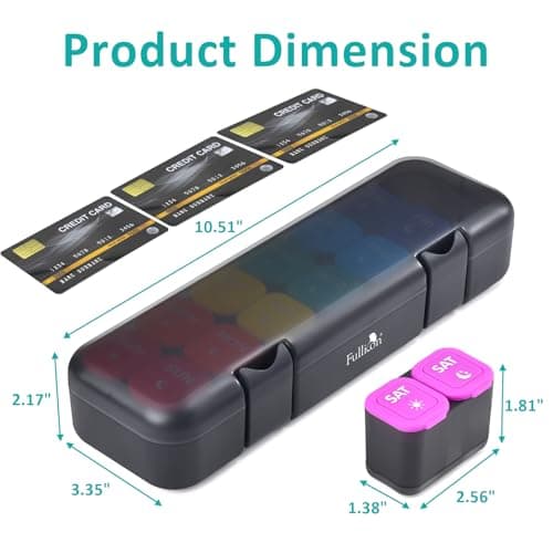 Fullicon Moisture-Proof Pill Organizer 2 Times a Day, Weekly Pill Boxes & Organiser with Silicone Lids, Large Capacity AM PM Pill Organizer 7 Day, Travel Pill Case for Vitamins (Black Rainbow) 7