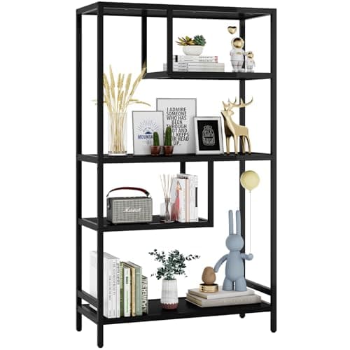 HOME BI Geometric Bookshelf, Tall Modern Etagere Bookcase, Industrial Metal Book Shelf with 5 Open Display Shelves for Office Living Room, Black