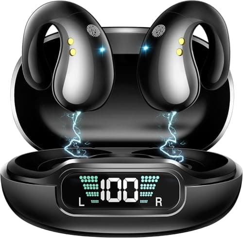 Open Ear Clip Wireless Bone Conduction Earbuds Wireless Bluetooth 5.3 Earbuds, Headphones Sports Built-in Microphone with Earhooks,Digital Display Charging Case,IPX7 Waterproof Fitness for Running