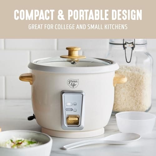 GreenLife Rice Cooker with Removable PFAS-Free Ceramic Nonstick Pot, 3-Cups Uncooked/6-Cups Cooked, Grains & Oatmeal Multicooker, Compact One-Switch Design, Auto Keep Warm, Easy Clean, Cream 7