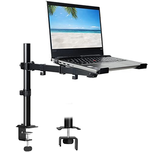 UPGRAVITY Laptop Desk Mount, Single Laptop Stand Arm with Vented Tray for 17 inch Notebook or 14”-32” Monitor, Holds up to 17.6 lbs, Fully Adjustable, Clamp/Grommet Mounting, VESA 75/100mm