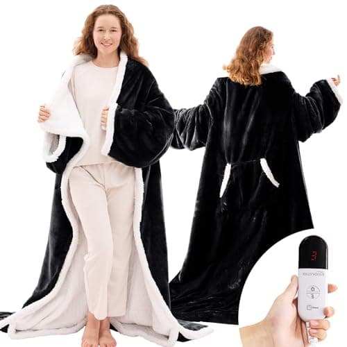 JOLLYVOGUE Wearable Heated Blanket - Heating Electric Blanket with Sleeves & Foot Pocket, Heated Throw for Adult, Birthday Gifts with 7 Heat Settings & fixed 4h Auto Shut-off (50 * 70 Inch, Black)