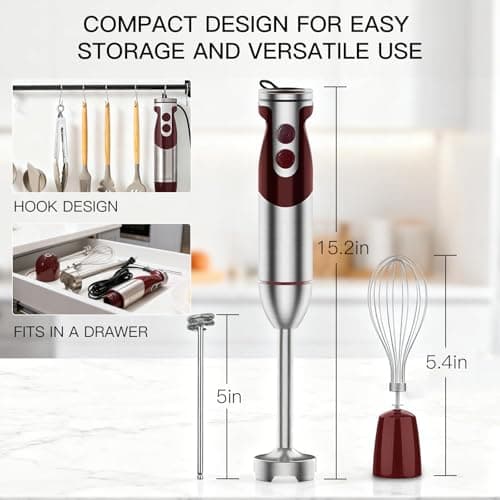 3- in-1 Immersion Hand blender, Powerful MOTOR & Stainless Steel Stick Blender, 4 Sharp Blades with Whisk, Milk Frother Attachments 5