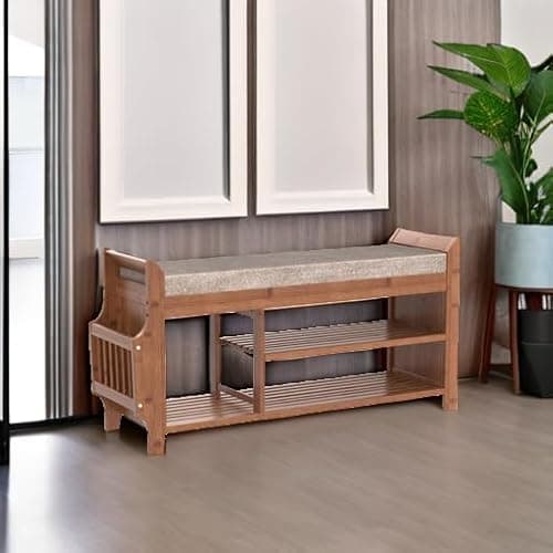 PETKABOO Shoe Bench with Hidden Drawer and Side Holder, 2 Tier Entryway Bench with Storage 39.4 in, Bamboo Shoe Rack with Cushion for Entryway Hallway Living Room Bedroom 5