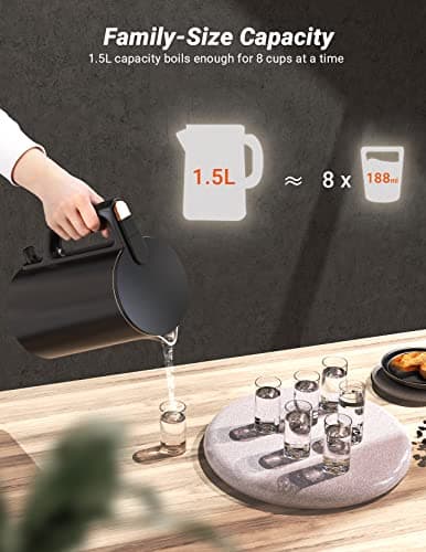 Electric Kettle, 304 Stainless Steel Interior, BPA-Free, Double Wall 1.5L Hot Water Boiler, 1500W Tea Kettle with Auto Shut-Off & Boil Dry Protection, Cordless Base & LED Indicator 7