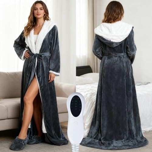 Kbvecsw Wearable Heated Blanket with Foot Pocket, Portable Wearable Electric Robe Blankets with Sleeves,Hood 10 Heating 3 Timer Settings (70"*50")