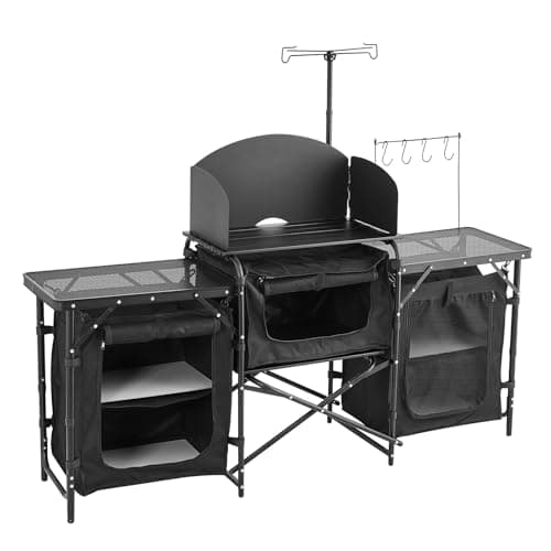 VEVOR Camping Kitchen Table, Outdoor Camp Cooking Table, Aluminum Portable Cook Station with 3 Storage Cupboard, Carrying Bag, Detachable Windscreen, Quick Set-up for BBQ Party Picnic RV Travel, Black 12