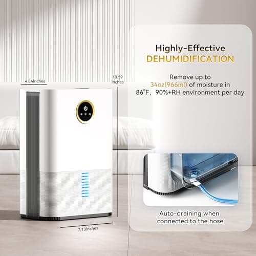 PTHRAOUTA Dehumidifier for Room for Home, (850 sq.ft) Small Dehumidifiers with Drain Hose, Safe Drainage Auto-off Odor Removal 2 Duak-Core Portable Mini Deshumificador Bathroom RV, 50 OZ Water Tank 5