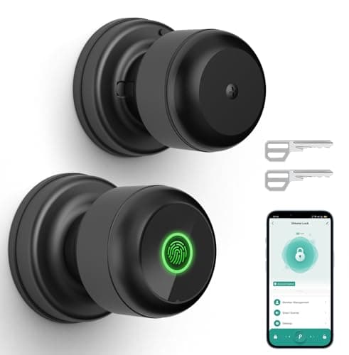 GHome Smart Door Knobs Fingerprint Door Lock, Biometric Smart Lock for Bedroom Door, App Control, Emergency Type-C Charging, Great for Home, Offices, Hotels, Apartments, Garages,Black