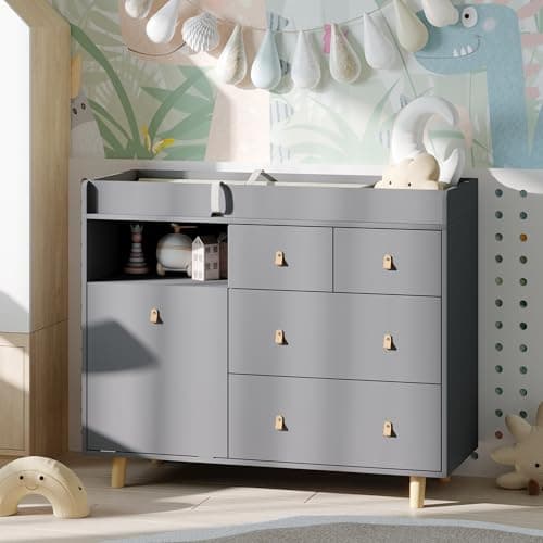 ROMSHINE Baby Changing Table Dresser with 5 Drawers, Baby Nursery Dresser with Tilt Out Laundry Basket, Infant Changing Station Organizer for Nursery and Bedroom, Grey (45" W x 18" D x 37" H)