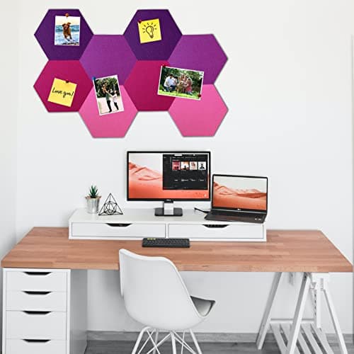 HULAVO 8Pcs Hexagon Felt Cork Board Tiles, Self Adhesive DIY Bulletin Board Pin Board for Office School Home Wall Decor Stickers Memos Photos Display (Gradual Purple) 7