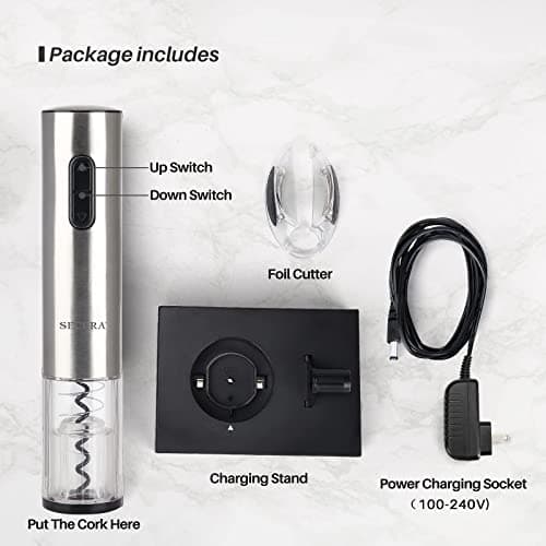 Secura Electric Wine Opener, Automatic Electric Wine Bottle Corkscrew Opener with Foil Cutter, Rechargeable (Stainless Steel) 6