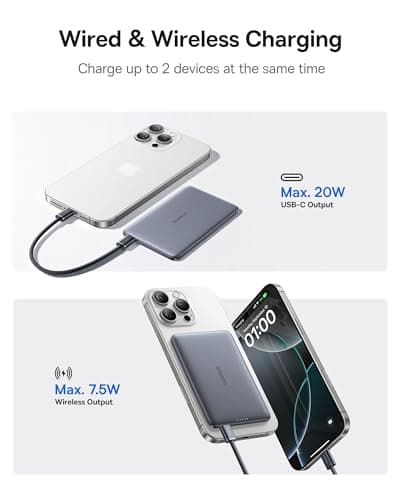 Baseus Picogo Power Bank, 0.3" Ultra Slim 5000mAh MagSafe Battery Pack, Update Polished Alloy Magnetic Portable Charger, Wireless Charger with USB-C Cable for iPhone 17 Pro Max/17 Air/16/15/14/13/12 6
