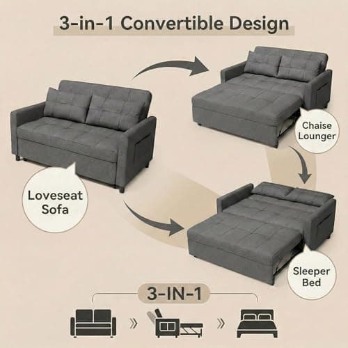 Gizoon 3 in 1 Sofa Bed, 52.4 Inch Convertible Pull Out Couch, Loveseat Sleeper Sofa with Two Pillows, Small Sofa Couches for Small Spaces, Apartment, Living Room, Bedroom, Dark Grey 7