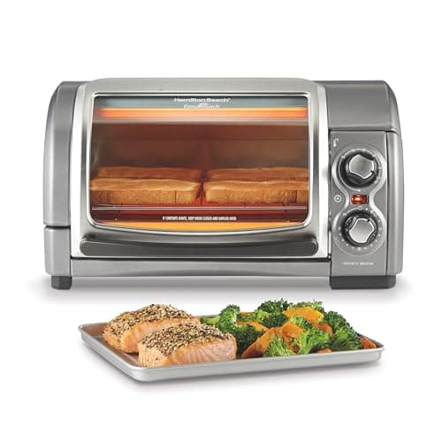 Hamilton Beach Easy Reach 4-Slice Countertop Toaster Oven With Roll-Top Door, 1200 Watts, Fits 9” Pizza, 3 Cooking Functions for Bake, Broil and Toast, Silver (31344DA)