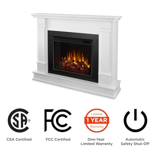 Real Flame Silverton 48” Electric Fireplace with Mantel for Living Room or Bedroom, Replaceable Fireplace Insert Heater, Realistic Log and Flame Effect, Remote Control, Timer, White 7