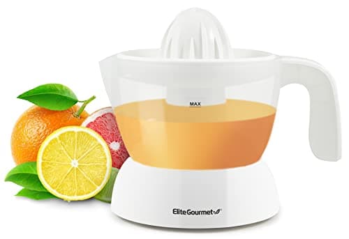 Elite Gourmet ETS-411 BPA-Free 30-Watt Electric Citrus Juicer Extractor: Compact Large Volume Pulp Control Oranges, Lemons, Limes, Grapefruits with Easy Pour Spout, 16 oz, White