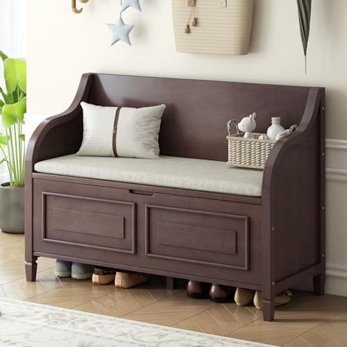 Bellemave Storage Bench with Safety Hinge Wooden Entryway Benches with Shoe Cabinets Under Seat Multifunctional Storage Bench for Entryway, Foyer or a Mudroom (Espresso + Beige)
